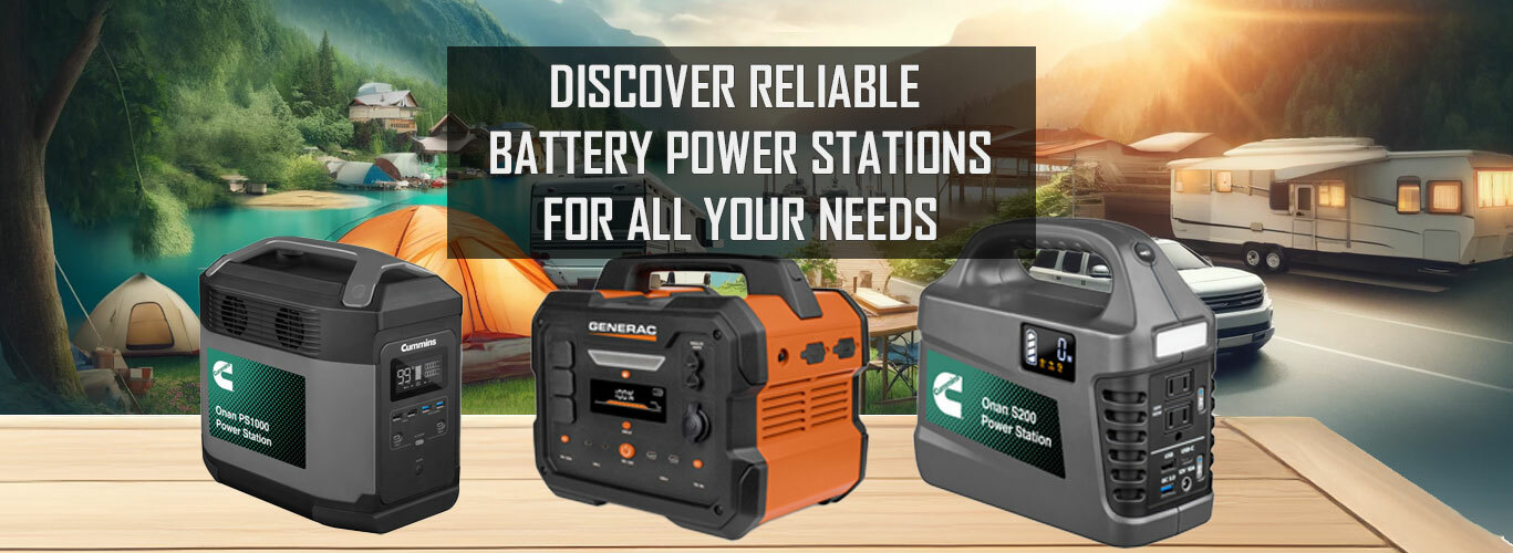 A campground image on a lake with tents near the water and travel trailers parked nearby. Three portable power stations sit on a picnic table. Text reads "Discover Reliable Batttery Power Stations for All Your Needs"
