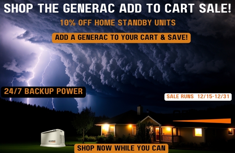 A neighborhood during a severe storm with lightning. The power is out, but one home with a Generac Generator has lights. Text reads: Shop the Generac Add to Cart Sale! 10% Off Home Standby Generators. Add a Generac to your Cart & Save Big! Generac 24/7 Backup Power. Sale Runs 11/20 - 12/14. 