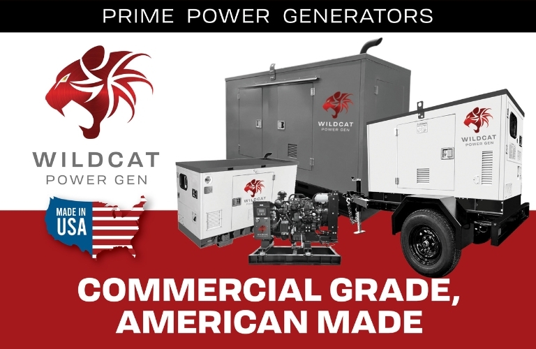 WildCat Brand Banner: The WildCat Logo is far left. Center Text Reads: Commercial Grade American Made Generators. Far Right Pictures Four Generators. The United States is pictured in red, white, and blue with MAde in America in the Blue Field.