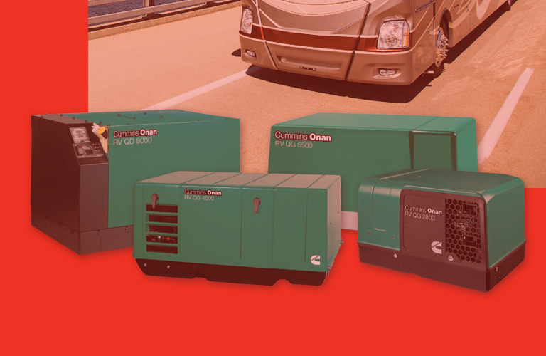 Cummins generator Banner. Right Side, a Cummins Generator in front of an RV ready to provide backup.