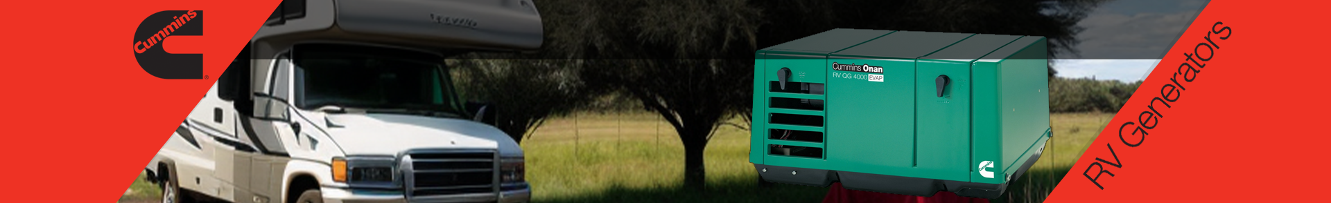 Cummins generator Banner. Right Side, a Cummins Generator in front of an RV ready to provide backup.
